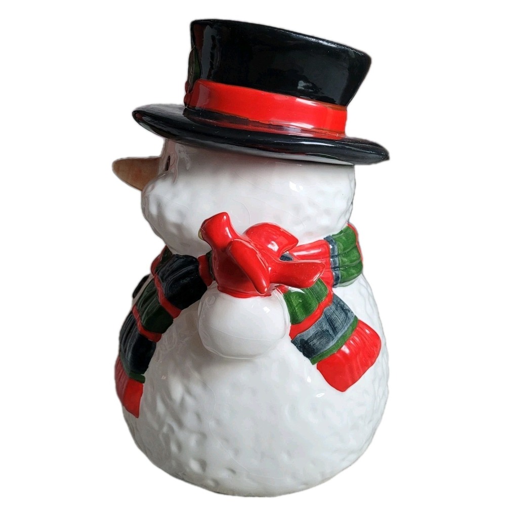 Vintage World Bazaars Ceramic Snowman Cookie Jar Holding Broom & Cardinal W Box! - Picture 5 of 10